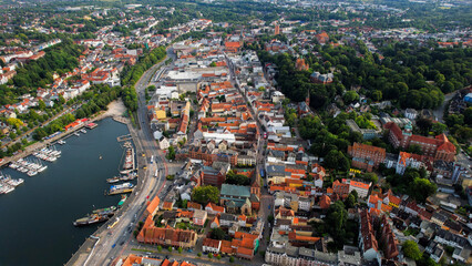 Aerial view of the old town of the city Flensburg in Germany on an overcast day in afternoon