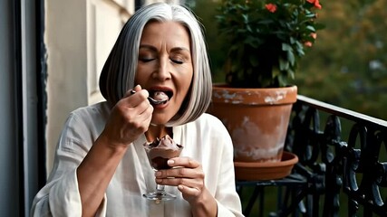 Mature woman enjoying chocolate dessert outdoors, savoring the rich flavor, relaxed moment. Perfect for lifestyle content, food blogging, or promoting self-care and simple pleasures.