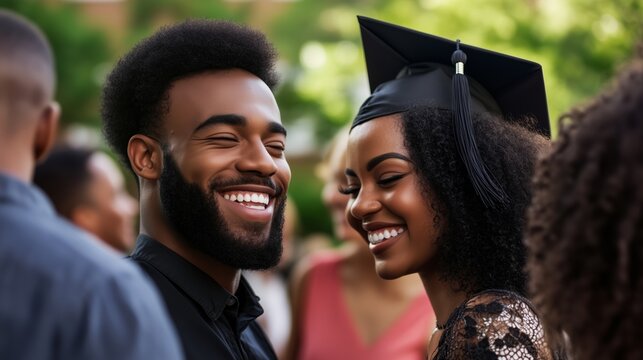 Celebrating graduation at a sunny outdoor gathering with joyful smiles and caps in a cheerful atmosphere - Powered by Adobe