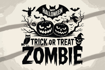 Obraz premium Spooky Halloween with Pumpkins, Bats, Ghosts, Zombie, Owl, and Trick or Treat Message