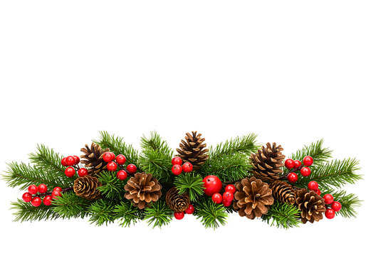 Festive christmas garland with pine cones fir branches and red berries isolated on transparent background