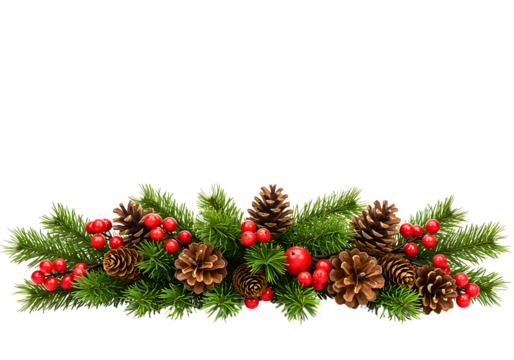 Festive christmas garland with pine cones fir branches and red berries isolated on transparent background