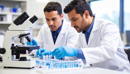 Two male scientists in lab coats and gloves working with test tubes and a microscope in a laboratory setting.
