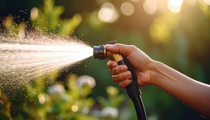 Hand Holding Garden Hose Spraying Water