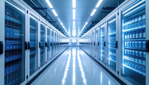 A futuristic data center aisle with rows of server racks illuminated by cool blue lighting and reflective floors, showcasing advanced technology infrastructure.