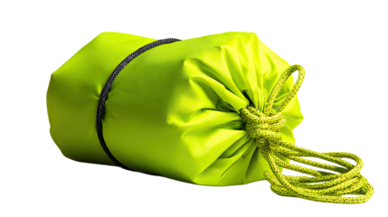 Lime Green Stuff Sack: A vibrant lime green stuff sack, cinched tightly with a drawstring, showcasing its compact and lightweight design. Ideal for storing and carrying outdoor gear.