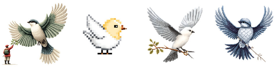 Obraz premium Four Different Style Birds in Flight on White Background