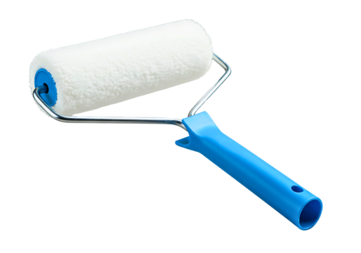 A white paint roller with a blue handle isolated on transparent background