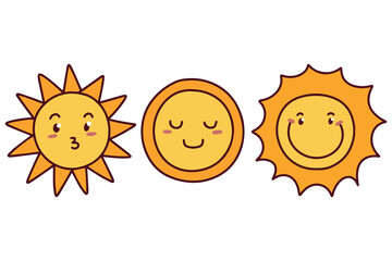 Two yellow sun characters with smiling faces and unique rays, hand drawn in playful style on a clean white background