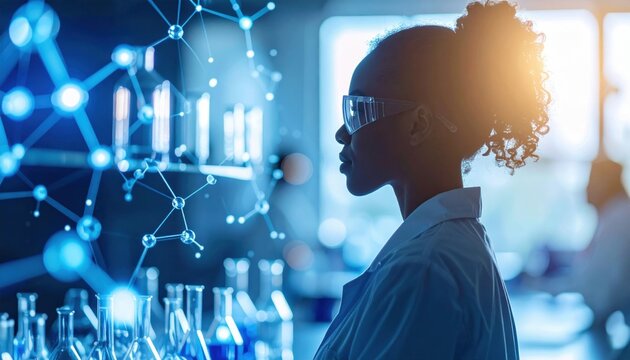 A scientist wearing safety glasses studies molecular structures and data visualizations in a high-tech laboratory bathed in blue light.