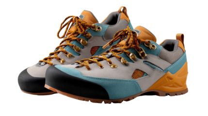 Stylish Hiking Boots: Durable and comfortable hiking boots designed for adventure, featuring a stylish grey, teal, and mustard yellow color scheme with rugged outsole.