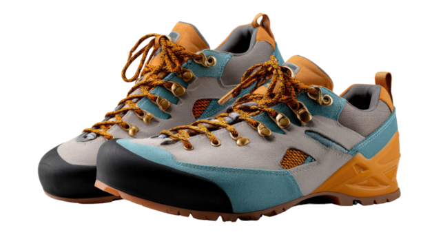 Stylish Hiking Boots: Durable and comfortable hiking boots designed for adventure, featuring a stylish grey, teal, and mustard yellow color scheme with rugged outsole.