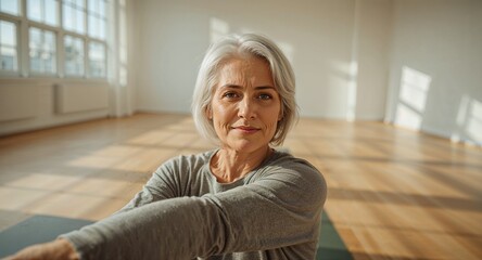 Portrait of a mature woman with gray hair in a yoga studio with sunlight streaming through windows