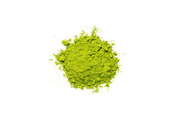 Top view green matcha tea powder isolated on white background