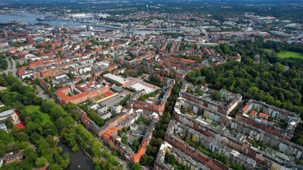 Aerial view of the old town of the city Kiel in Germany on an overcast day in afternoon
