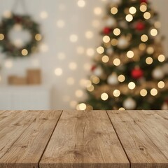     Rustic Wooden Table with Warm Natural Grain in Festive Christmas Background Featuring Bokeh Lights and Decorated Tree – Cozy Holiday Mockup Scene