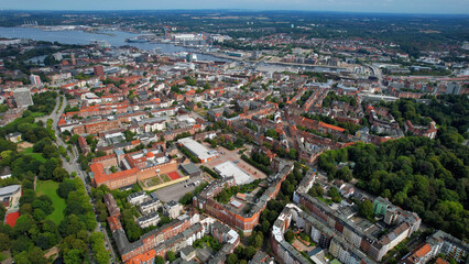 Aerial view of the old town of the city Kiel in Germany on an overcast day in afternoon