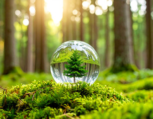 Conservazione della biodiversità: abete in boccia di vetro nella foresta su muschio