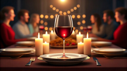 Elegant Dinner Party Setting with Wine Candles and Guests Sharing Food and Conversation in a Warm Ambient Setting