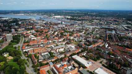 Obraz premium Aerial view of the old town of the city Kiel in Germany on an overcast day in afternoon