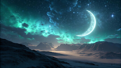 Serene Night Landscape with Crescent Moon Shining Over Mountain Range and Aurora Borealis Illuminating Starry Sky