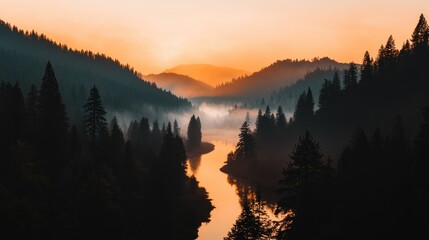 Obraz premium A beautiful serene mountain river landscape at sunset