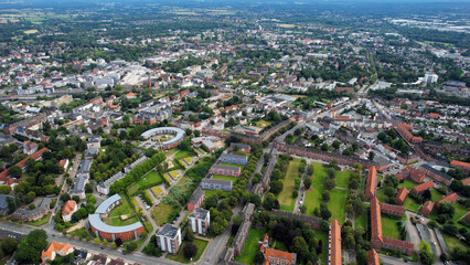 Aerial view of the old town of the city Neumünster in Germany on an overcast day in afternoon