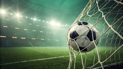 Dramatic Soccer Goal Perspective Capturing the Thrill of the Game in a Stadium Lit Arena
