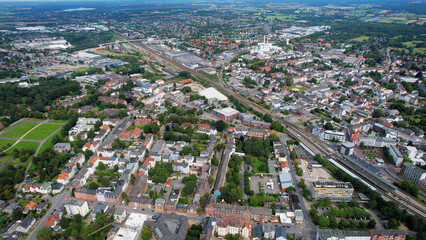 Aerial view of the old town of the city Neumünster in Germany of an overcast day in afternoon.