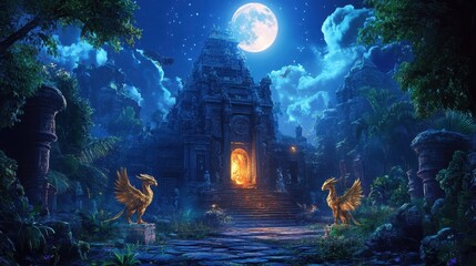 Mystical Night Temple: A serene moonlit night casts an ethereal glow over an ancient temple nestled within a lush, dreamlike landscape. Golden statues flank the entrance.