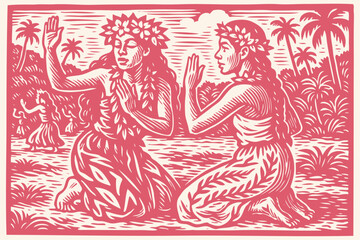 Two Hawaiian women perform a traditional hula dance on a tropical island. Vector illustration in a vintage red woodcut or linocut print style for travel themes.