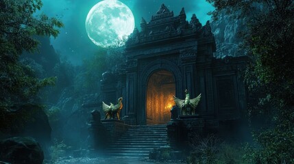 Mystic Sanctuary: A mysterious sanctuary is framed by a full moon in the night sky. The architectural beauty of an ancient temple set amidst a tranquil atmosphere. 