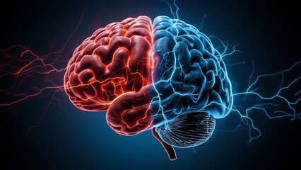 A striking image of a human brain, half red and half blue, with electrical energy flowing between the two halves