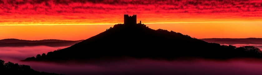 Obraz premium A majestic silhouette of a castle atop a high mountain at sunset