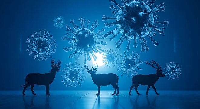 Silhouettes of Deer Under Large Floating Virus Particles in Blue Lighting