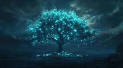 Mystical Luminescence: An ethereal glowing tree, bathed in otherworldly luminescence, stands majestically under a dramatic sky. The scene evokes a sense of wonder and magic.