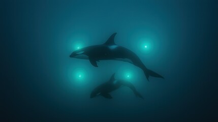Obraz premium Two orcas swim in the dark blue water with glowing lights