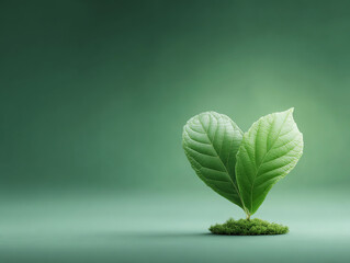 Two green leaves in heart shape with soft gradient background, symbolizing love nature and eco friendly concepts.