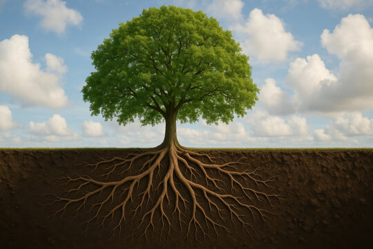 A tree with its roots visible in the dirt. The roots are deep and spread out, showing the tree's strength and resilience. Concept of growth and stability