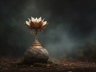 Golden lotus trophy artistic sculpture elegant award metallic flower nature inspired standing on stone outdoor serene mood creative design