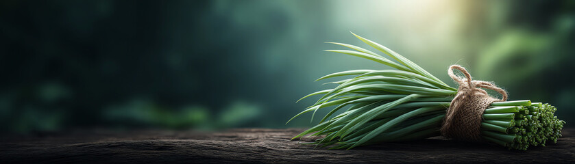 Obraz premium Fresh lemongrass bundle tied with twine on rustic wooden table, vibrant green stalks natural sunlight