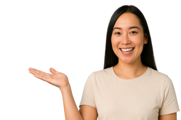 A woman is smiling and holding her hand up, as if she is pointing to something. Concept of positivity and excitement, as the woman is happy and enthusiastic about something