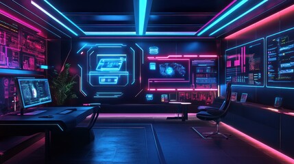 Futuristic office with glowing displays