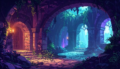 Enchanted Forest Ruins with Fantasy Game Background, and Magical Archway.
