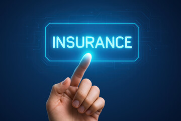 Obraz premium A hand is pressing a button that says Insurance. The image is bright and colorful, with a blue background. The concept of the image is to convey the importance of insurance