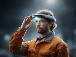 Maintenance worker augmented reality headset technology male orange uniform futuristic digital interface focused innovation workplace