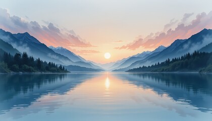 Calm Lake and Misty Mountains at Sunset with Warm Reflections