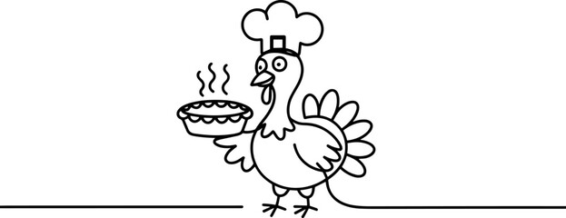 Thanksgiving turkey chef line art. Continuous one line drawing of cartoon turkey holding pie. Vector illustration
