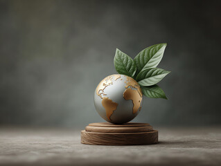 Golden globe trophy with green leaves on wooden base symbolizing environmental sustainability and achievement on neutral background