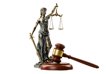 Justice statue and wooden gavel isolated on transparent background